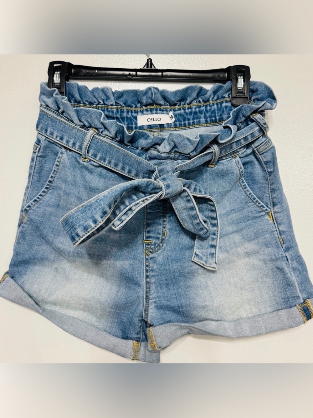 Cello Paperbag Denim Shorts Medium Light Wash Tie Waist Cuffed Stretch
